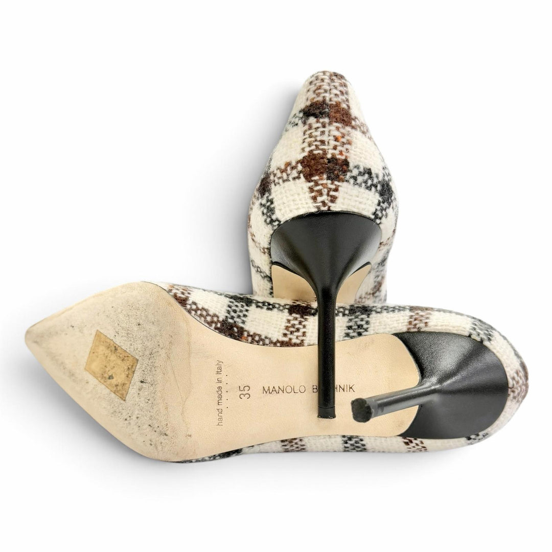 Great MANOLO BLAHNIK pumps BB 90 Check Pump Pointed Toe Ivory tweed Women 35