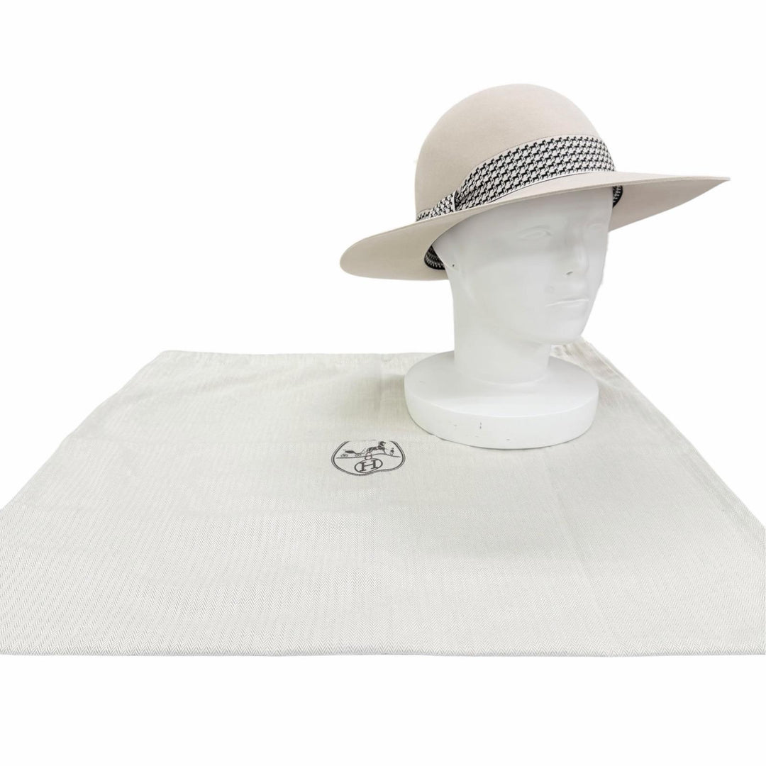 Excellent HERMES hat Betty Hat Horse Pattern Ribbon beige wool Women IT 58