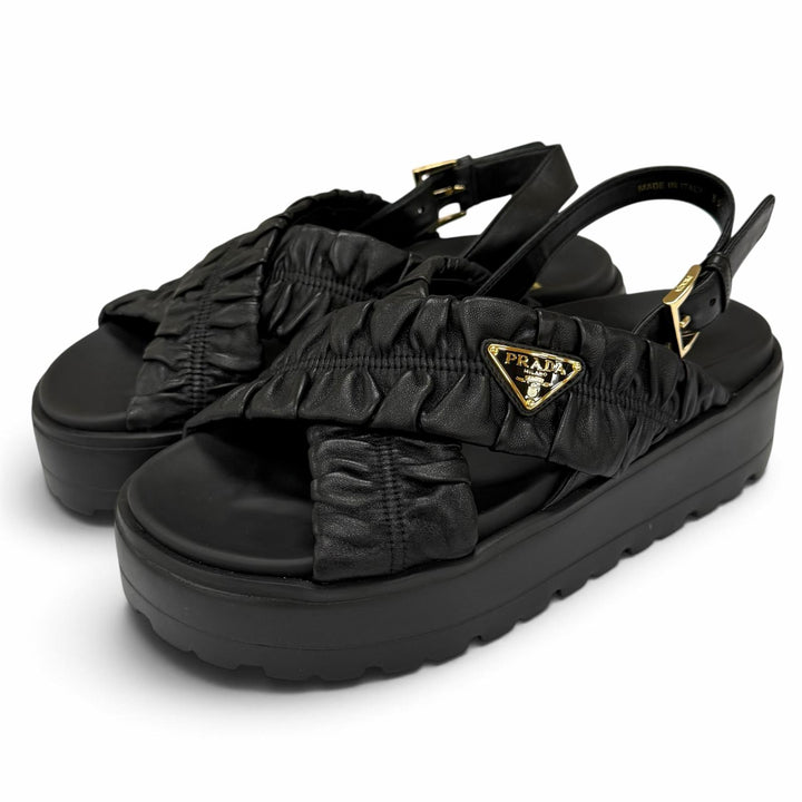 Pristine PRADA Matelassé leather platform sandals Triangle logo 35.5 1XZ796