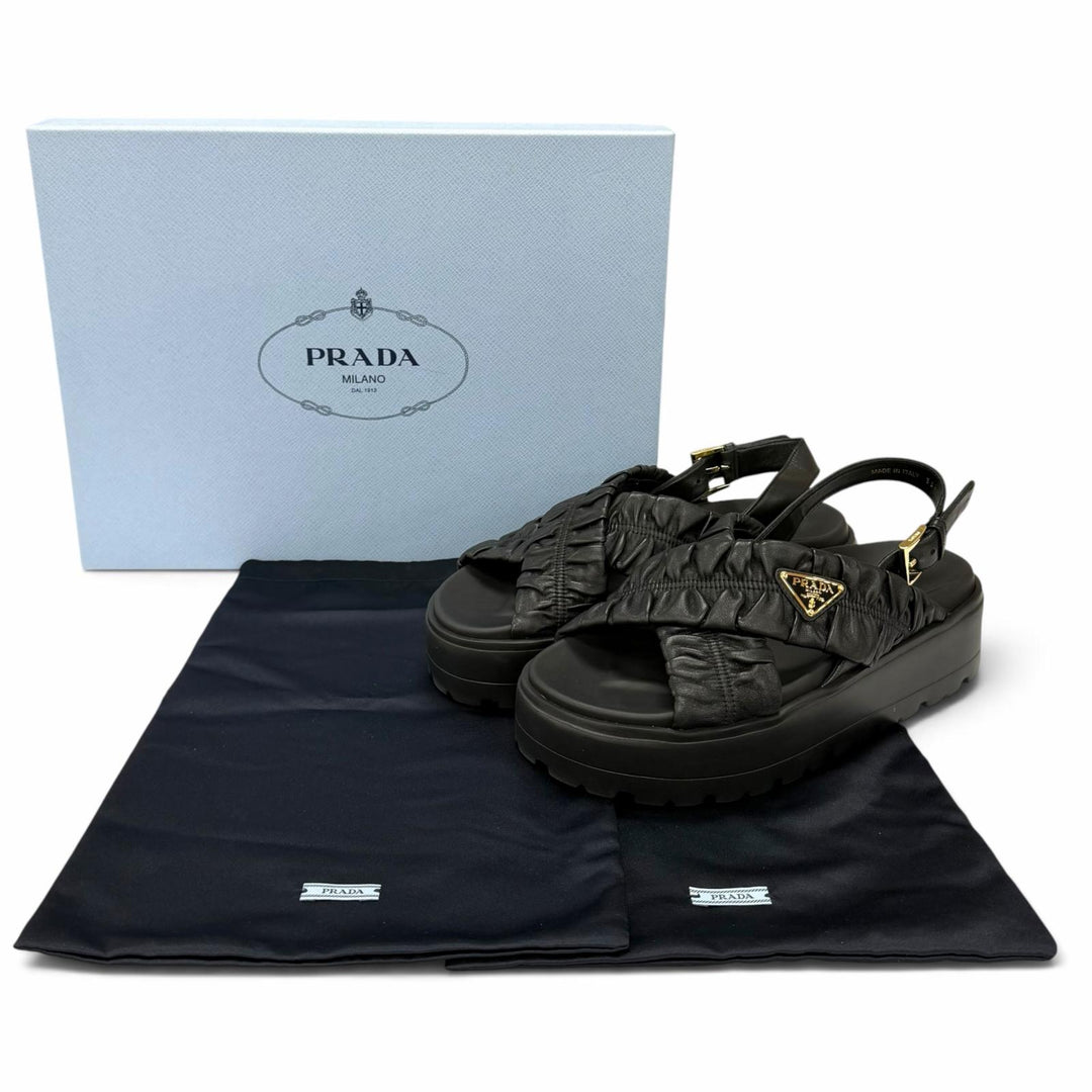 Pristine PRADA Matelassé leather platform sandals Triangle logo 35.5 1XZ796