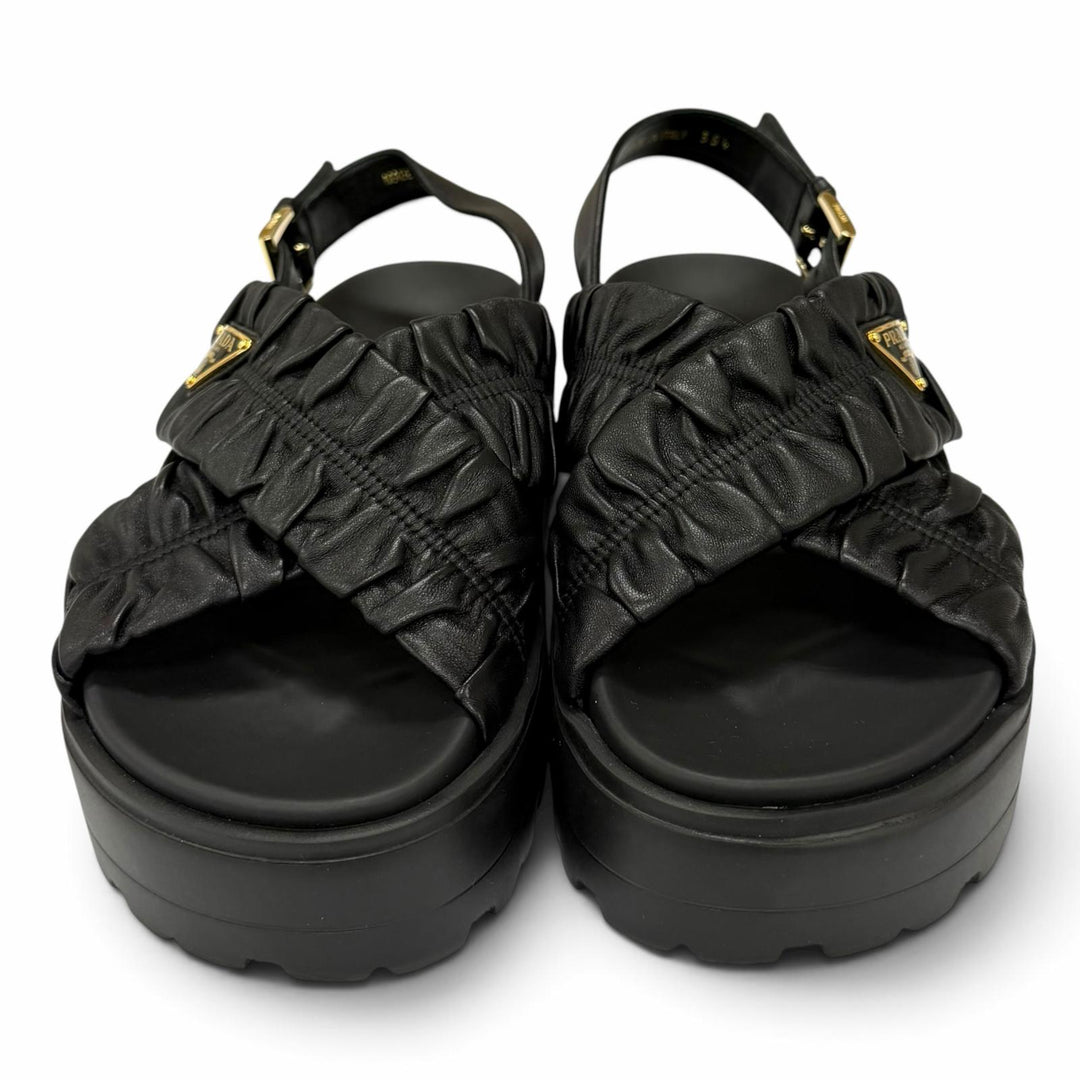 Pristine PRADA Matelassé leather platform sandals Triangle logo 35.5 1XZ796