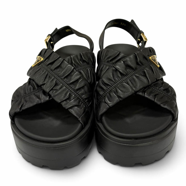 Pristine PRADA Matelassé leather platform sandals Triangle logo 35.5 1XZ796