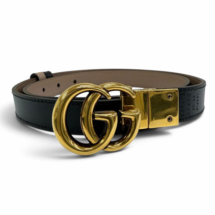 Excellent GUCCI belt GG Emblem Reversible Slim Leather black Women 659418