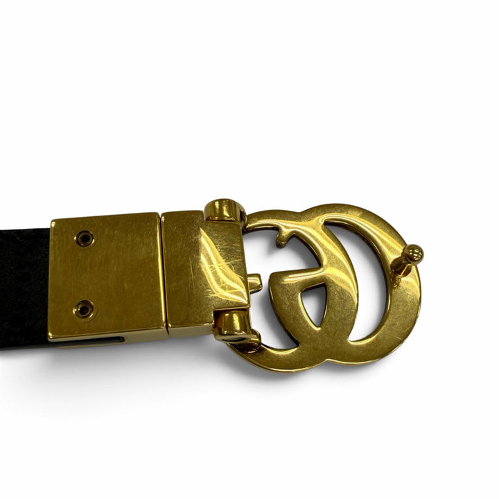 Excellent GUCCI belt GG Emblem Reversible Slim Leather black Women 659418