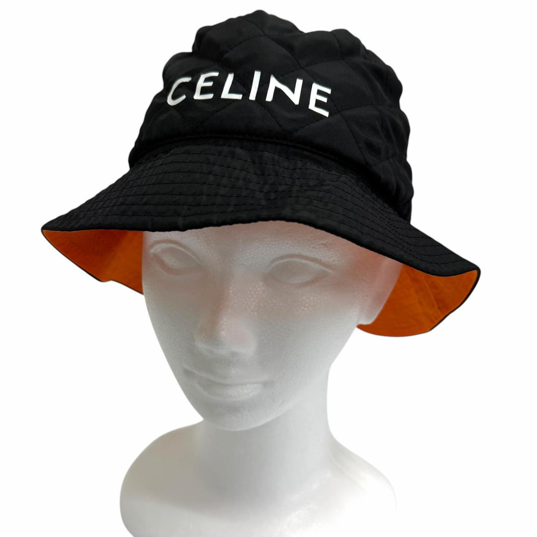 Excellent CELINE hat Logo-print quilted bucket black Nylon mens M 2AUB0930C