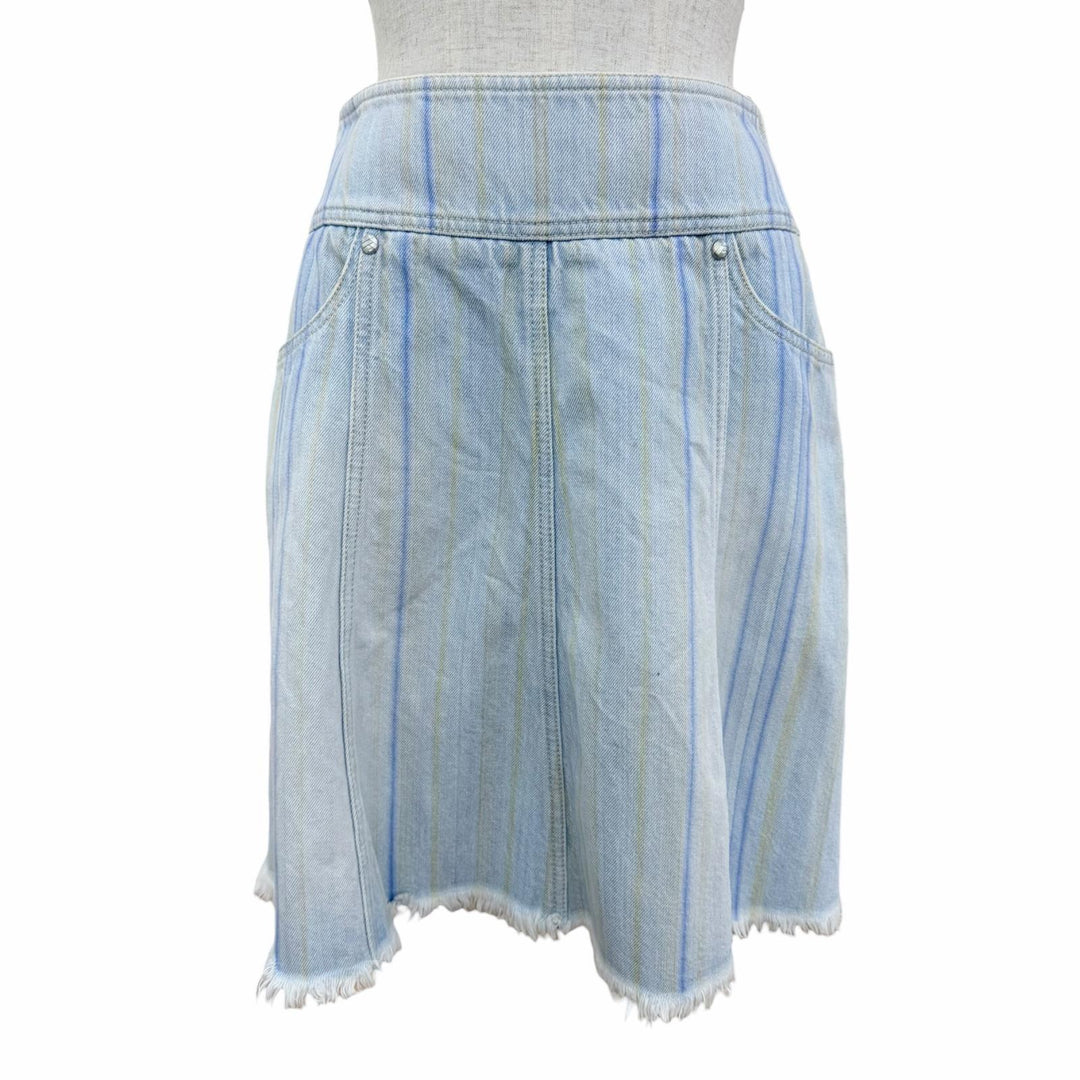 Excellent CHANEL flare skirt Striped denim skirt Indigo cotton Women 36 P58766