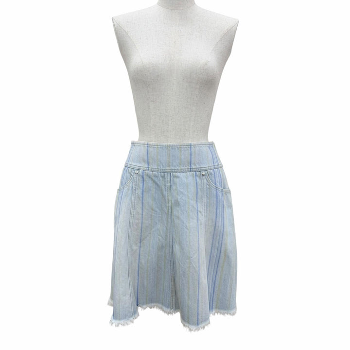 Excellent CHANEL flare skirt Striped denim skirt Indigo cotton Women 36 P58766