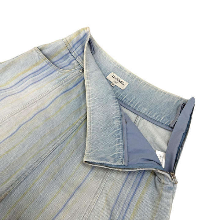 Excellent CHANEL flare skirt Striped denim skirt Indigo cotton Women 36 P58766