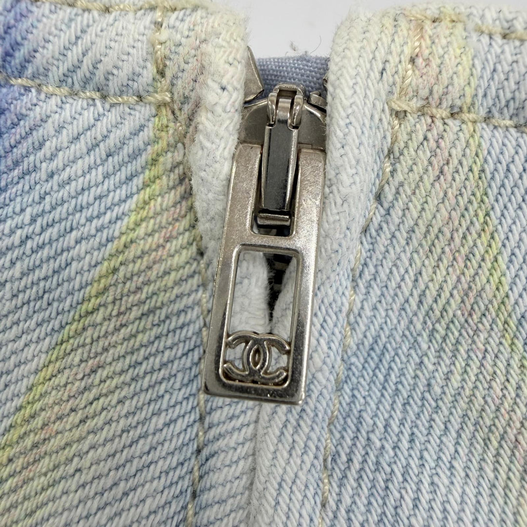 Excellent CHANEL flare skirt Striped denim skirt Indigo cotton Women 36 P58766