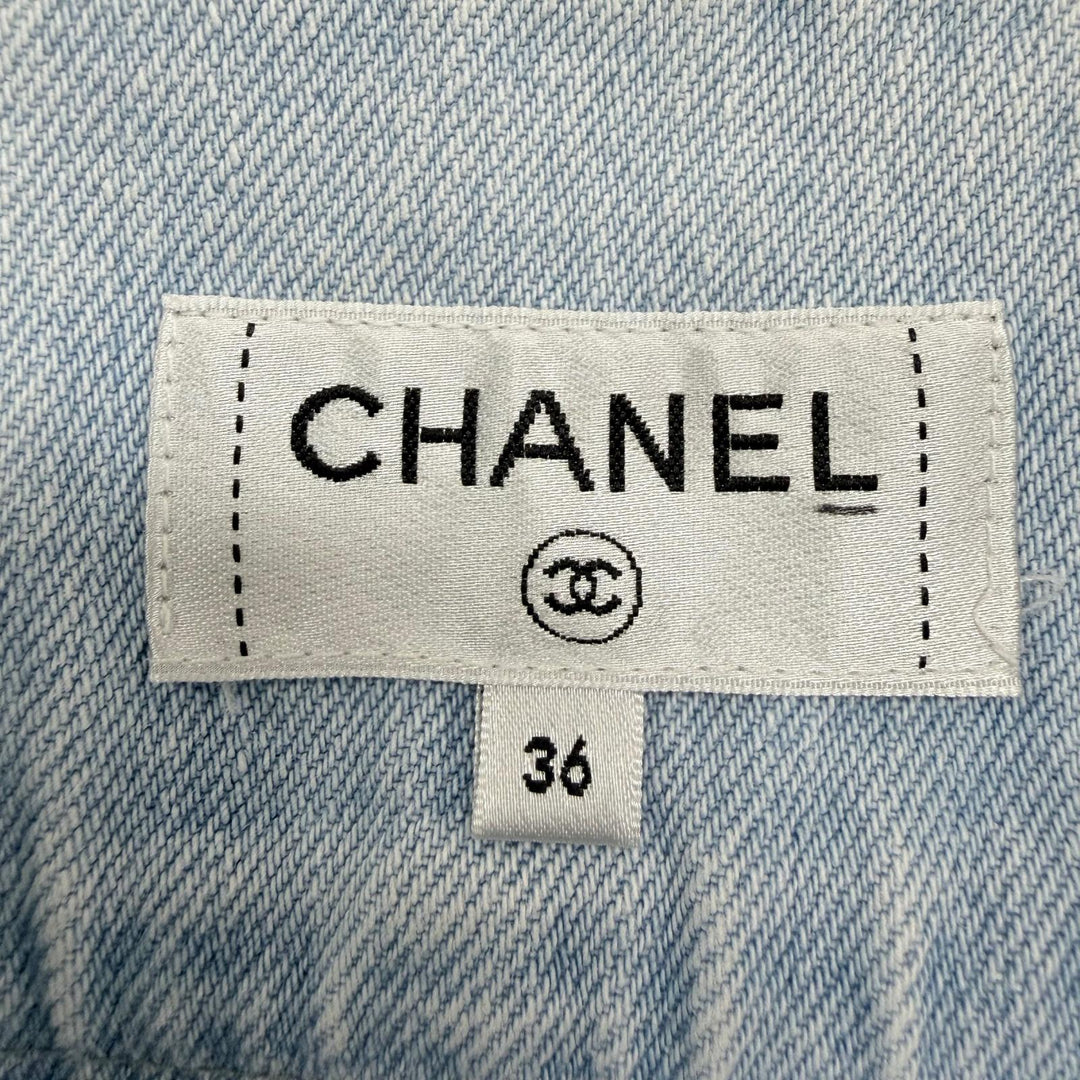 Excellent CHANEL flare skirt Striped denim skirt Indigo cotton Women 36 P58766