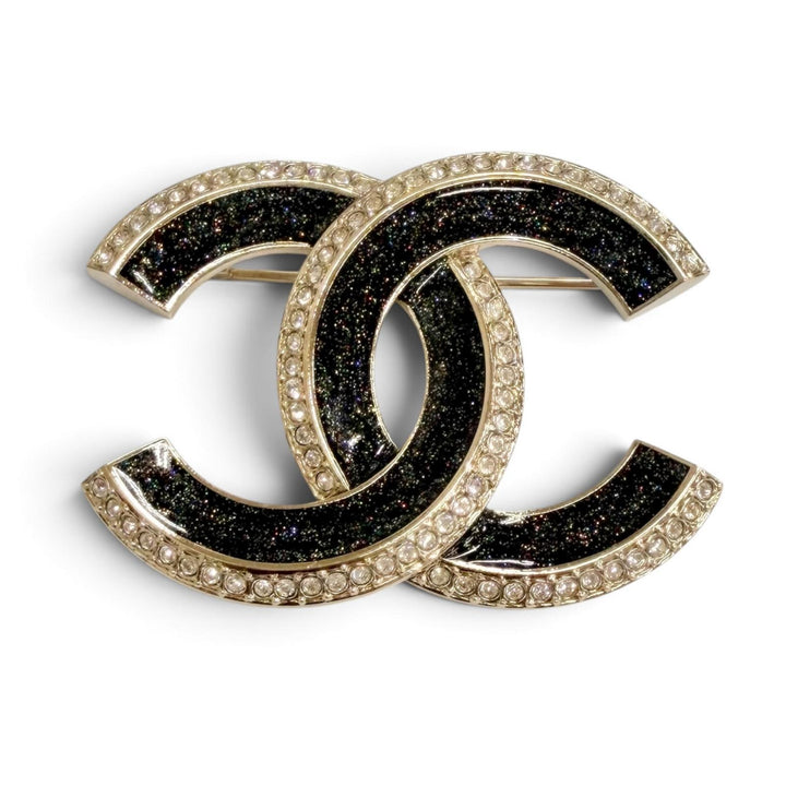 Excellent CHANEL COCO Mark Rhinestone Brooch Gold with Black Glitter C25B ABG400
