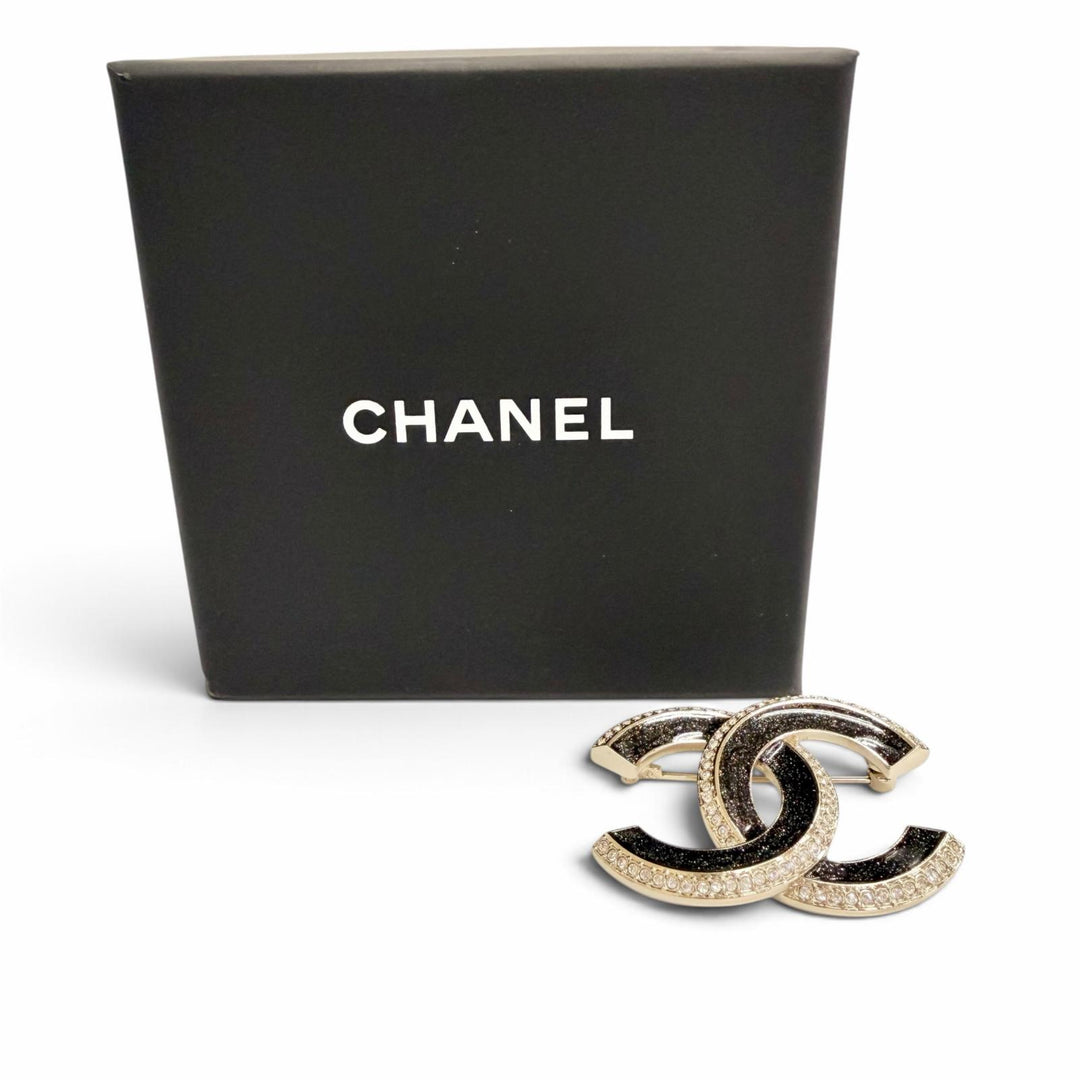 Excellent CHANEL COCO Mark Rhinestone Brooch Gold with Black Glitter C25B ABG400