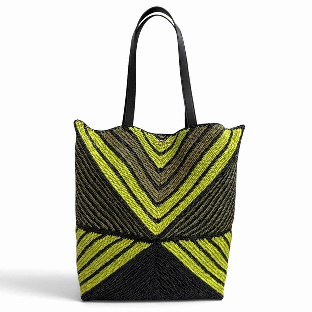 Pristine LOEWE Tote Bag Puzzlefold XL Logo Metal black Raffia Women B779Q18X17