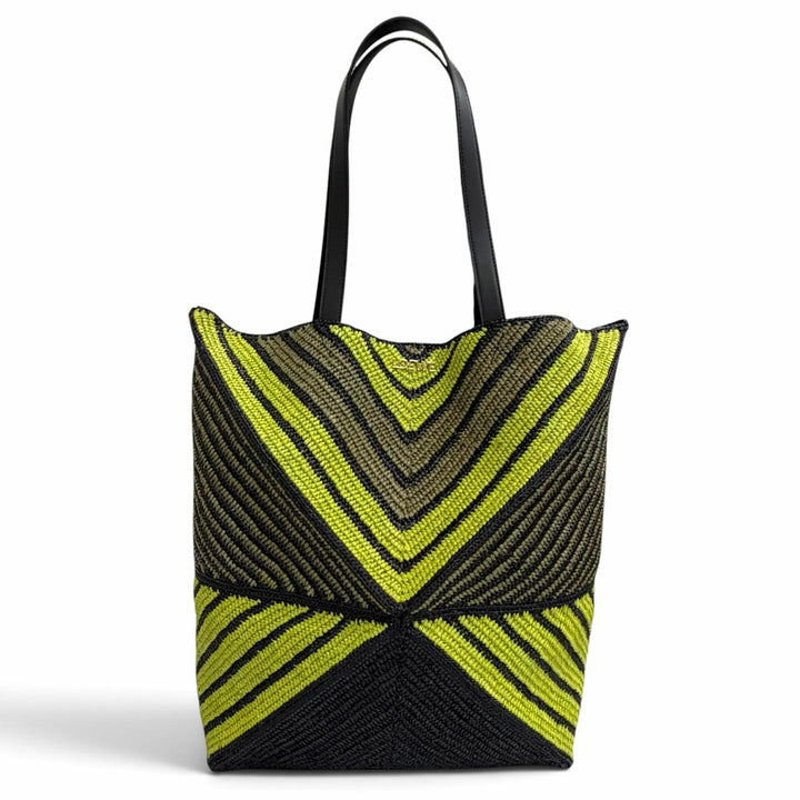 Pristine LOEWE Tote Bag Puzzlefold XL Logo Metal black Raffia Women B779Q18X17