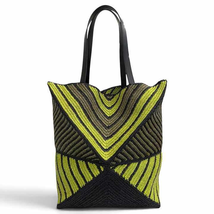 Pristine LOEWE Tote Bag Puzzlefold XL Logo Metal black Raffia Women B779Q18X17