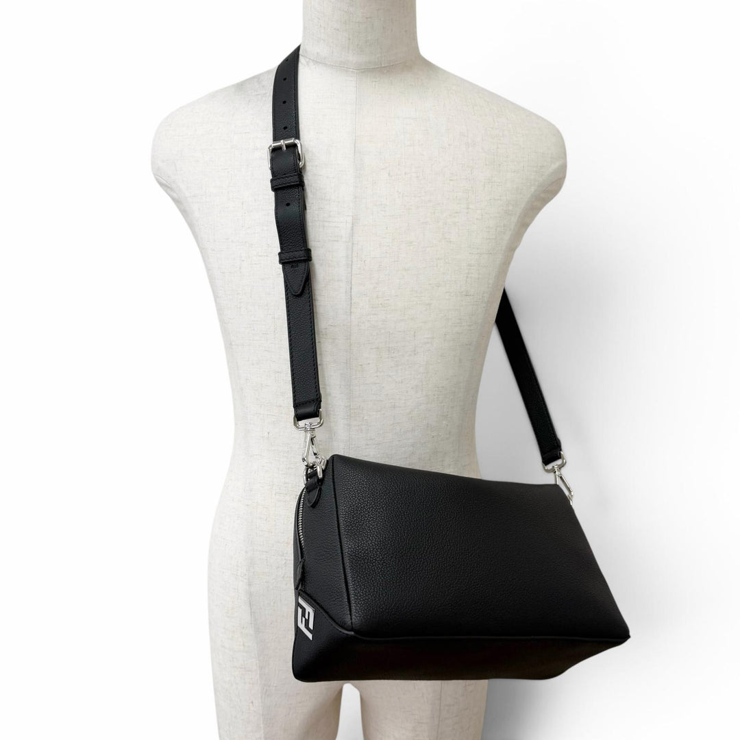Excellent FENDI Shoulder Bag Louis Medium FF Metal 2WAY black Grain calf