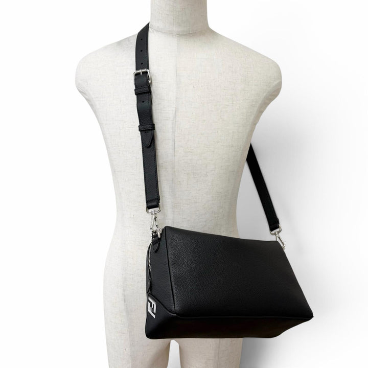 Excellent FENDI Shoulder Bag Louis Medium FF Metal 2WAY black Grain calf