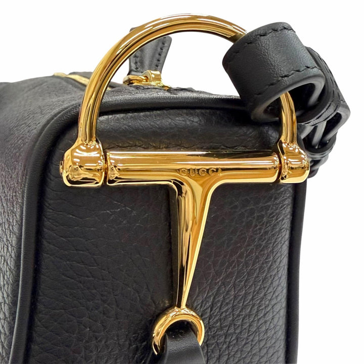 Excellent GUCCI Shoulder Bag Half Horsebit Leather black leather Women 860784