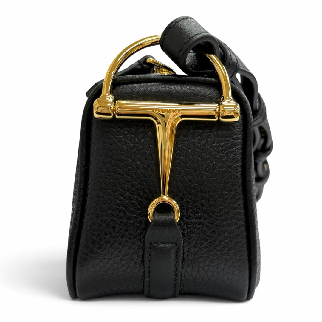 Excellent GUCCI Shoulder Bag Half Horsebit Leather black leather Women 860784