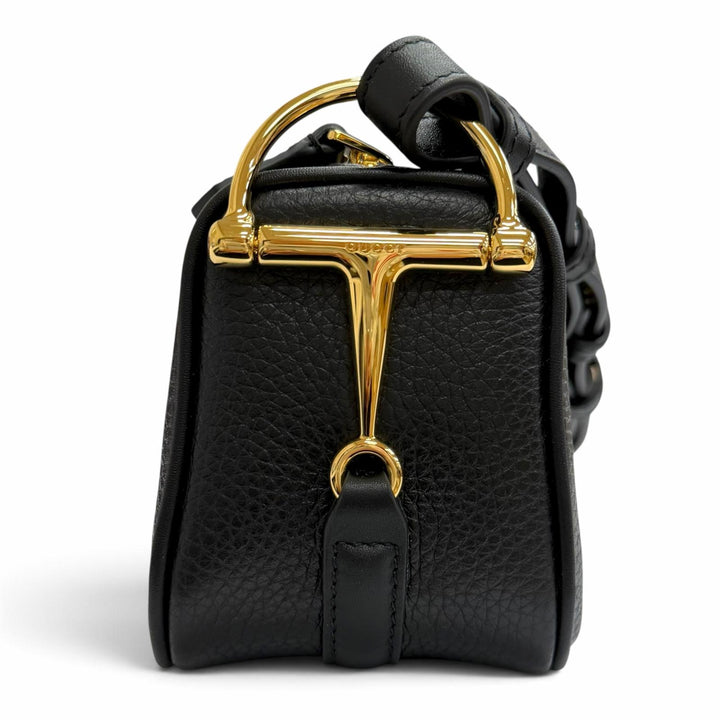 Excellent GUCCI Shoulder Bag Half Horsebit Leather black leather Women 860784