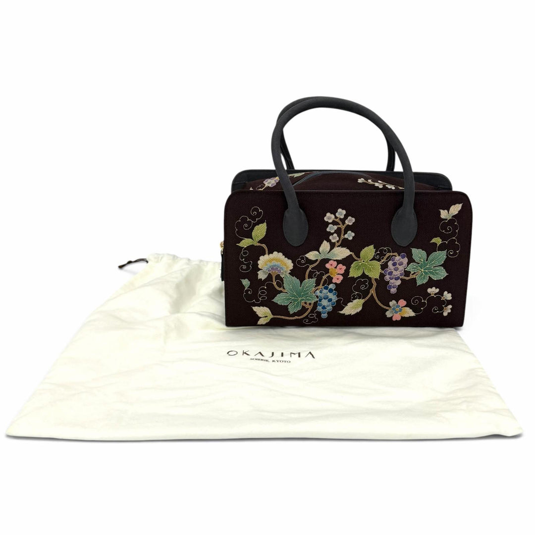 Excellent OKAJIMA Handbag Kyo-Yuzen Chirimen Brown Women