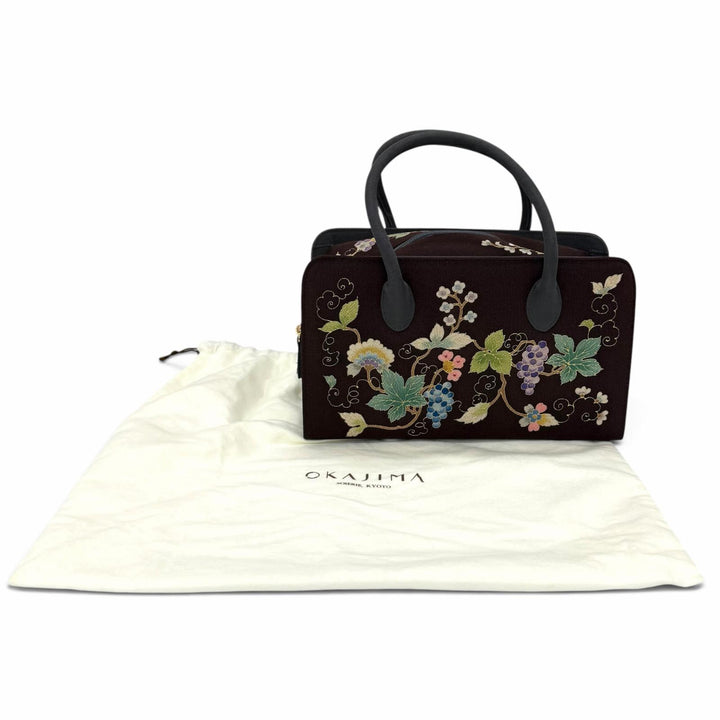 Excellent OKAJIMA Handbag Kyo-Yuzen Chirimen Brown Women
