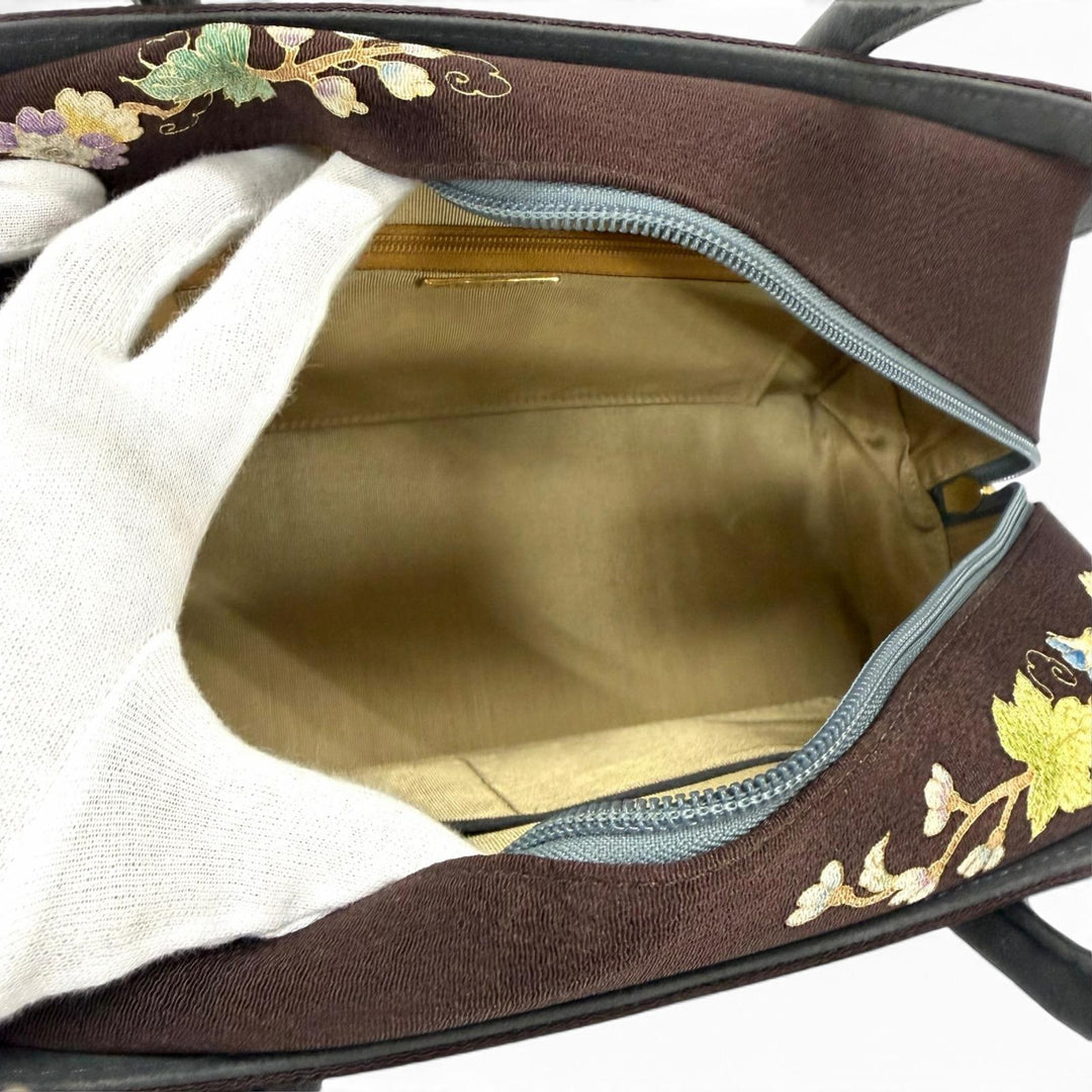 Excellent OKAJIMA Handbag Kyo-Yuzen Chirimen Brown Women