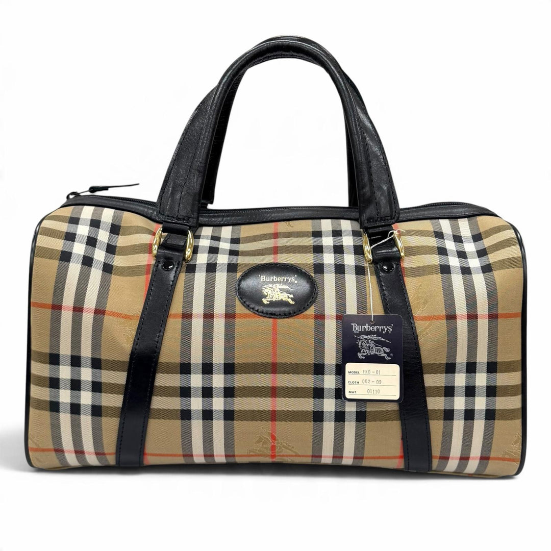Excellent BURBERRY Boston bag Leather logo patch Nova check pattern FK0-01