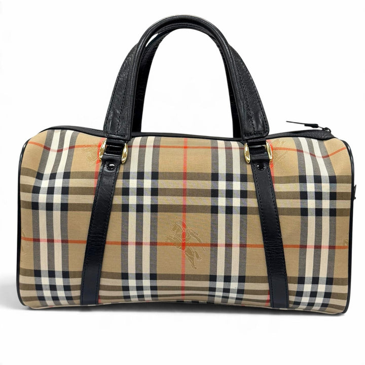 Excellent BURBERRY Boston bag Leather logo patch Nova check pattern FK0-01