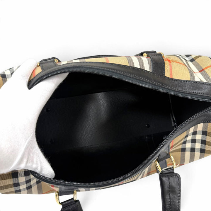 Excellent BURBERRY Boston bag Leather logo patch Nova check pattern FK0-01