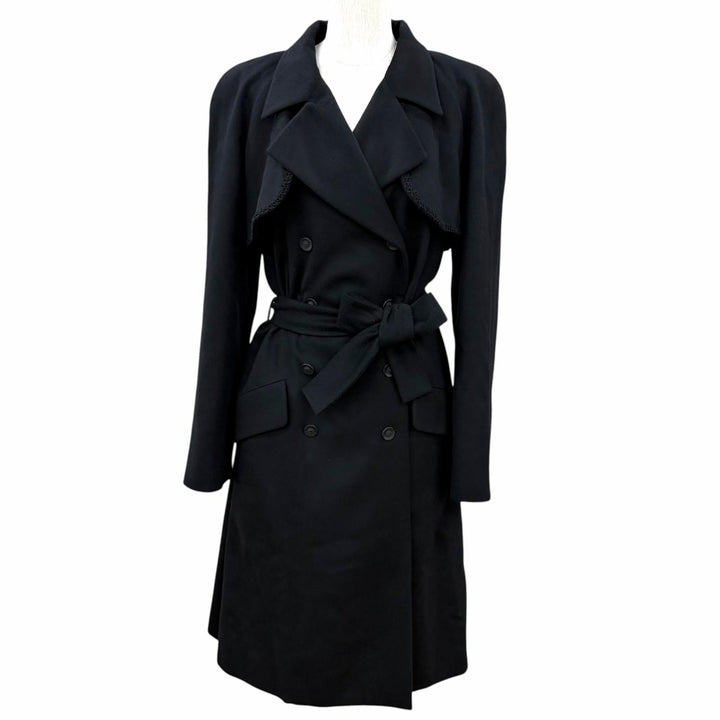 Excellent CHANEL coat Belted COCO Mark Button Long black cashmere FR 40 P36435