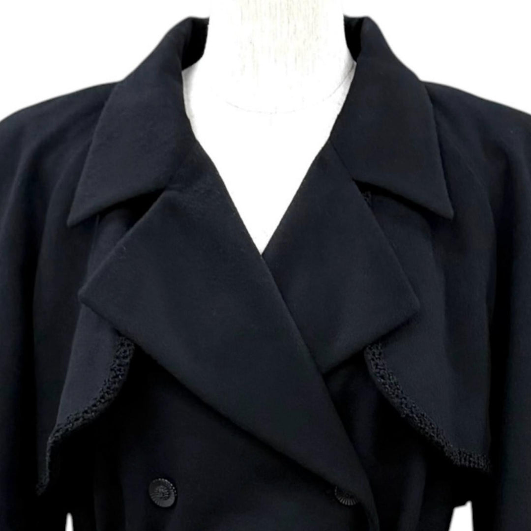 Excellent CHANEL coat Belted COCO Mark Button Long black cashmere FR 40 P36435