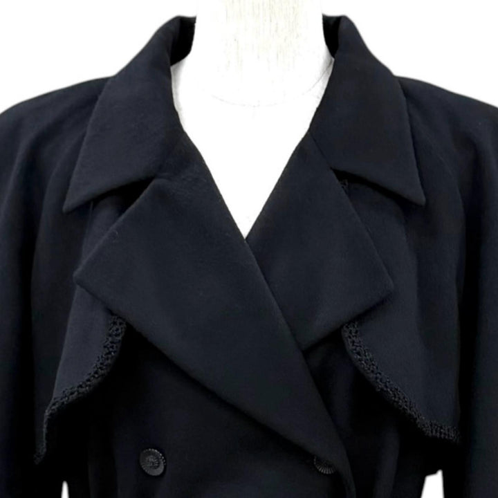 Excellent CHANEL coat Belted COCO Mark Button Long black cashmere FR 40 P36435