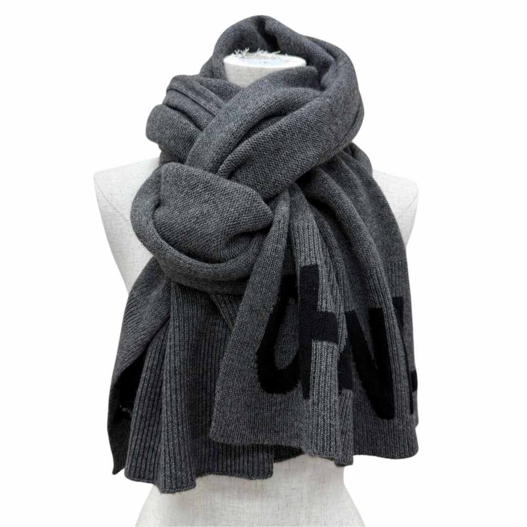 Great CHANEL Scarf 2025 Cruise Collection Logo Knit gray cashmere Women