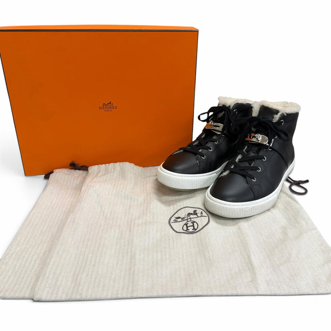 Great HERMES High cut sneakers Daydream Sheepskin Kelly buckle black leather