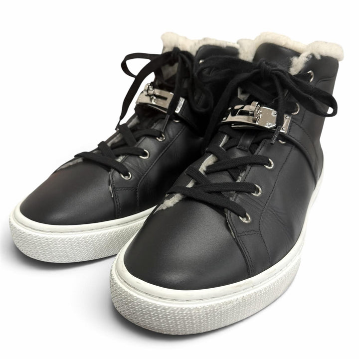 Great HERMES High cut sneakers Daydream Sheepskin Kelly buckle black leather