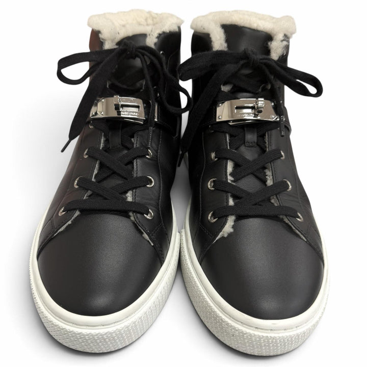 Great HERMES High cut sneakers Daydream Sheepskin Kelly buckle black leather