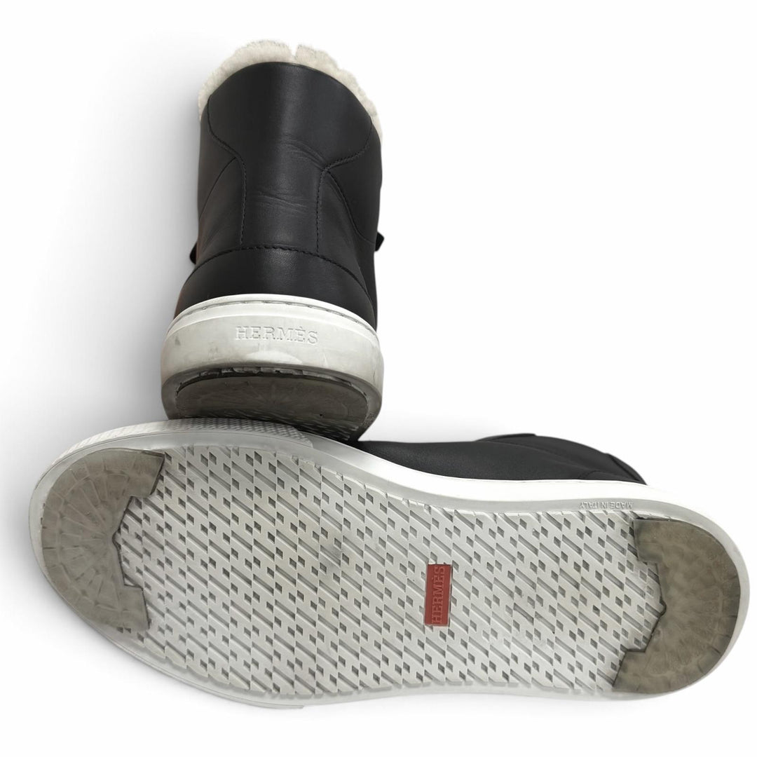 Great HERMES High cut sneakers Daydream Sheepskin Kelly buckle black leather