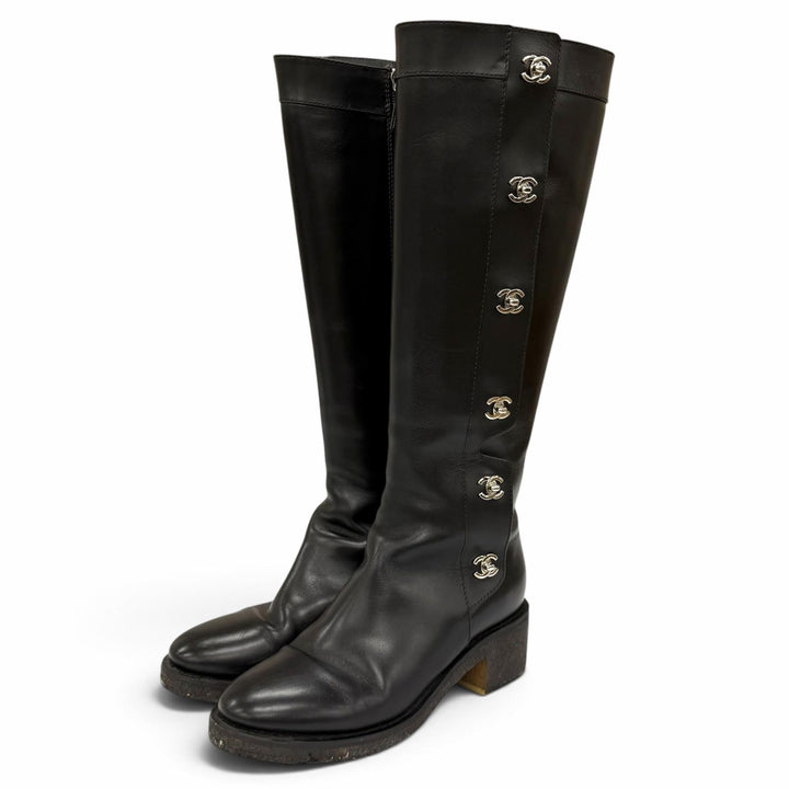 Great CHANEL Knee-high boots COCO Mark Turn Lock Leather black leather IT 38