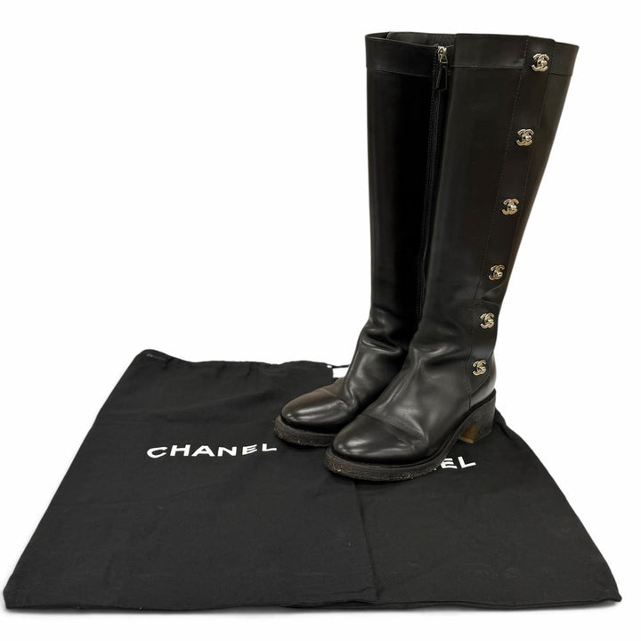 Great CHANEL Knee-high boots COCO Mark Turn Lock Leather black leather IT 38