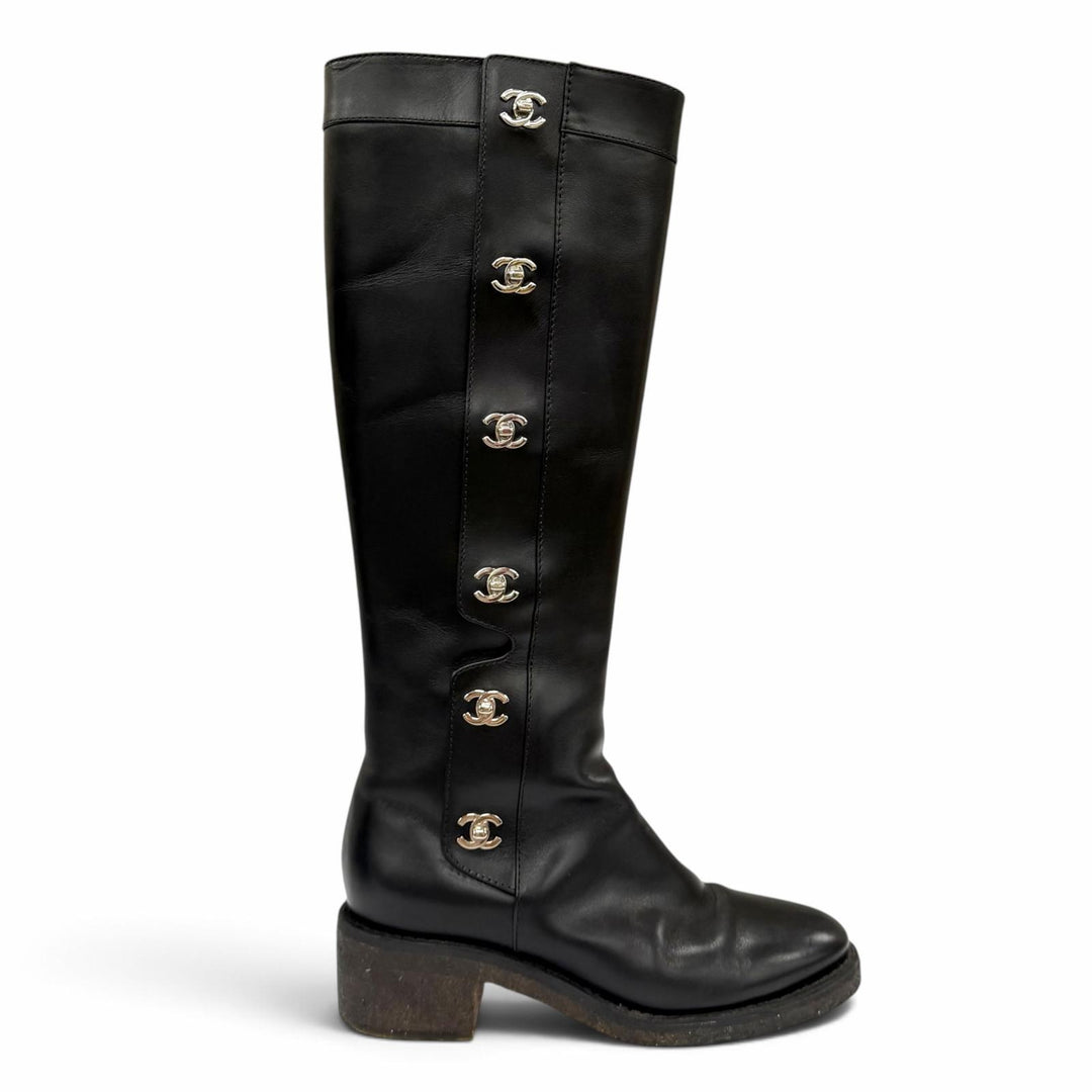 Great CHANEL Knee-high boots COCO Mark Turn Lock Leather black leather IT 38