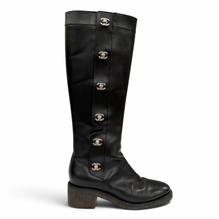 Great CHANEL Knee-high boots COCO Mark Turn Lock Leather black leather IT 38