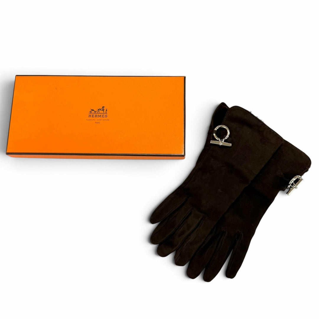 Great HERMES gloves Glennan Metal Sheepskin Leather Gloves Brown Mouton 7.5