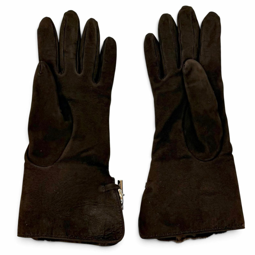Great HERMES gloves Glennan Metal Sheepskin Leather Gloves Brown Mouton 7.5