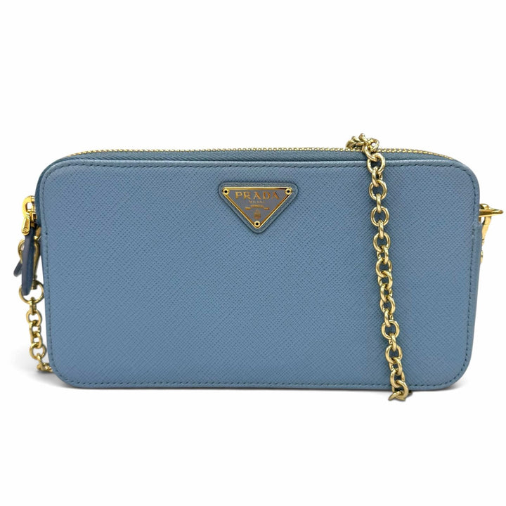 Excellent PRADA Purse Triangle logo Light blue Safiano leather Women 1DH010