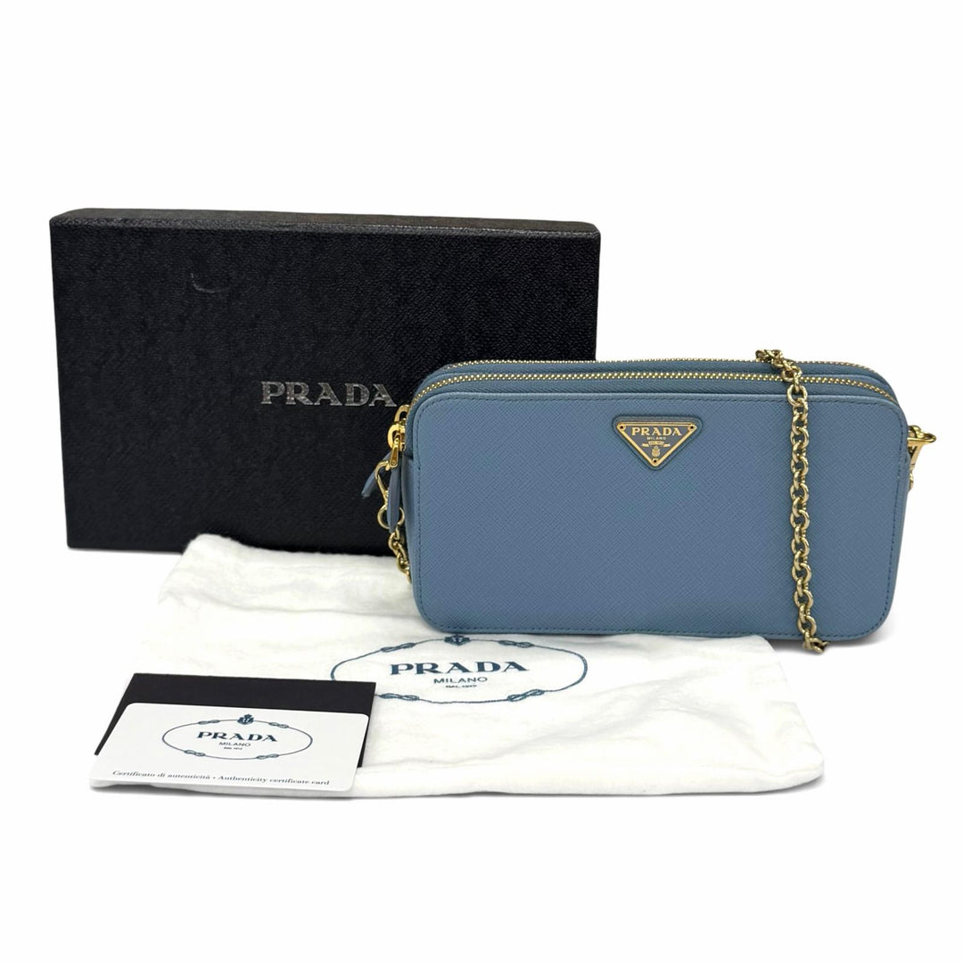 Excellent PRADA Purse Triangle logo Light blue Safiano leather Women 1DH010