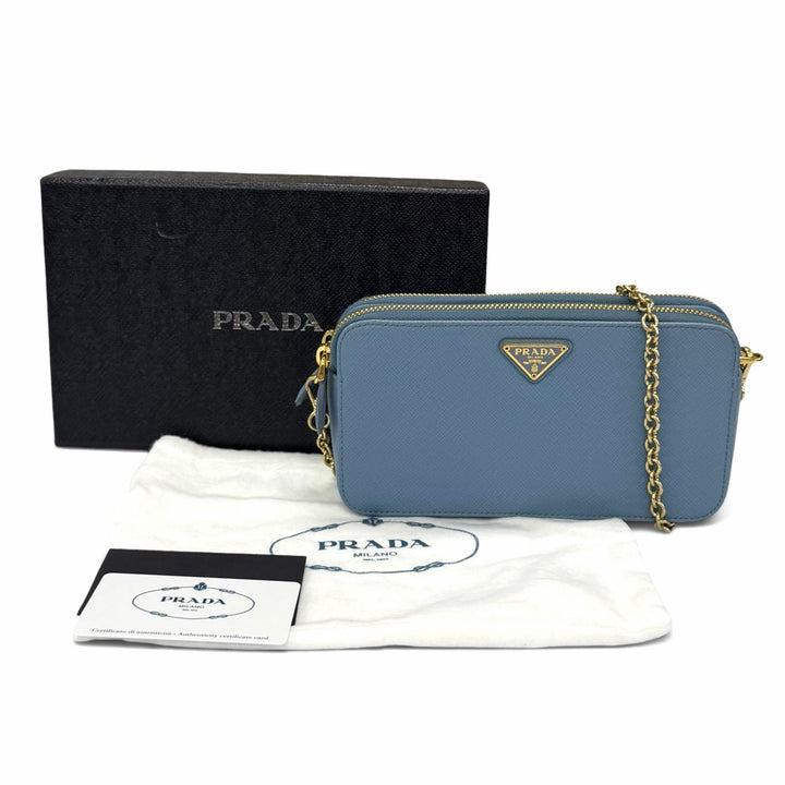 Excellent PRADA Purse Triangle logo Light blue Safiano leather Women 1DH010