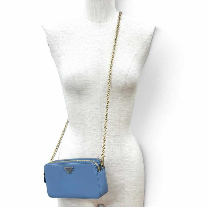 Excellent PRADA Purse Triangle logo Light blue Safiano leather Women 1DH010