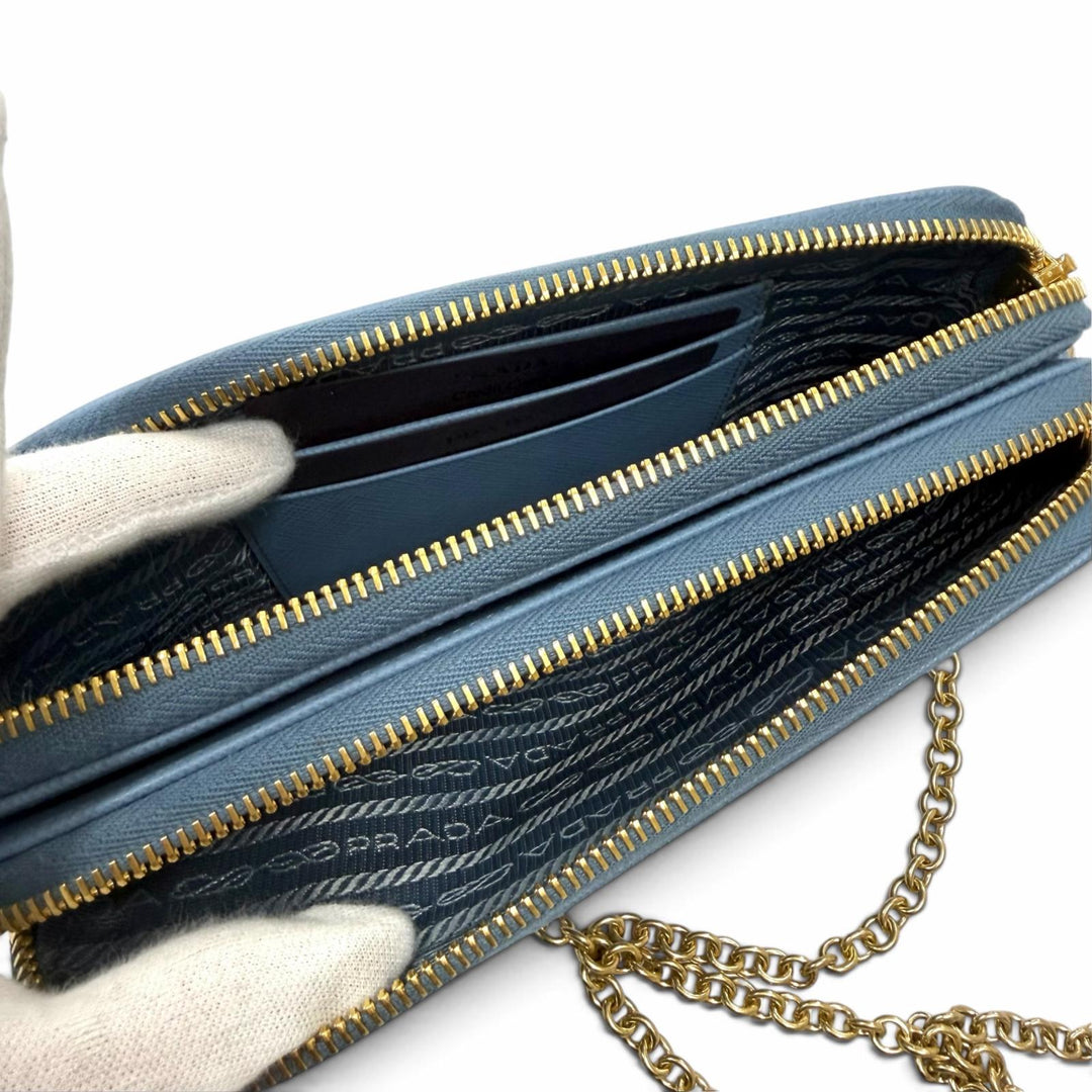 Excellent PRADA Purse Triangle logo Light blue Safiano leather Women 1DH010