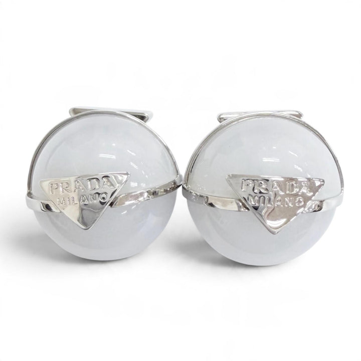 Excellent PRADA Pierce Triangle Logo Crystal Ball Earrings (Pair) 1I0239